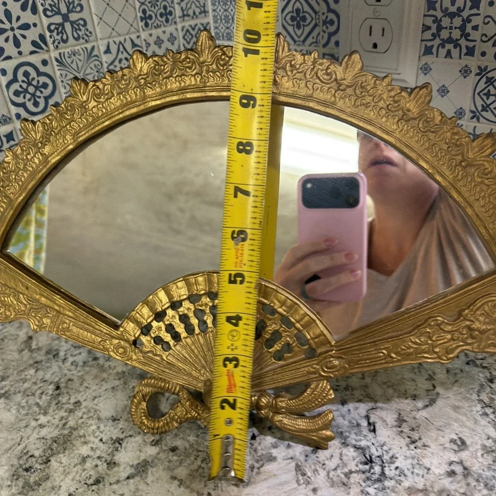 Vintage Brass Vanity Mirror / Fan Shape Mirror / Art Deco Ornate